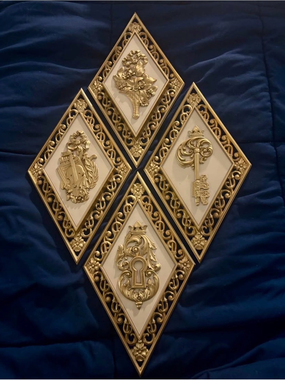 Vintage Syroco Style Gold Diamond Wall Plaques - Set of 4